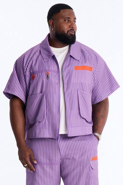 Boxy Cropped Desert Dunes Striped Button Up Shirt - Purple
