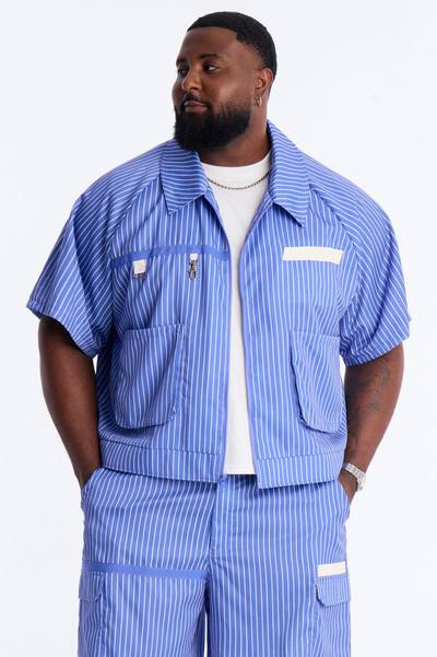 Boxy Cropped Desert Dunes Striped Button Up Shirt - Blue