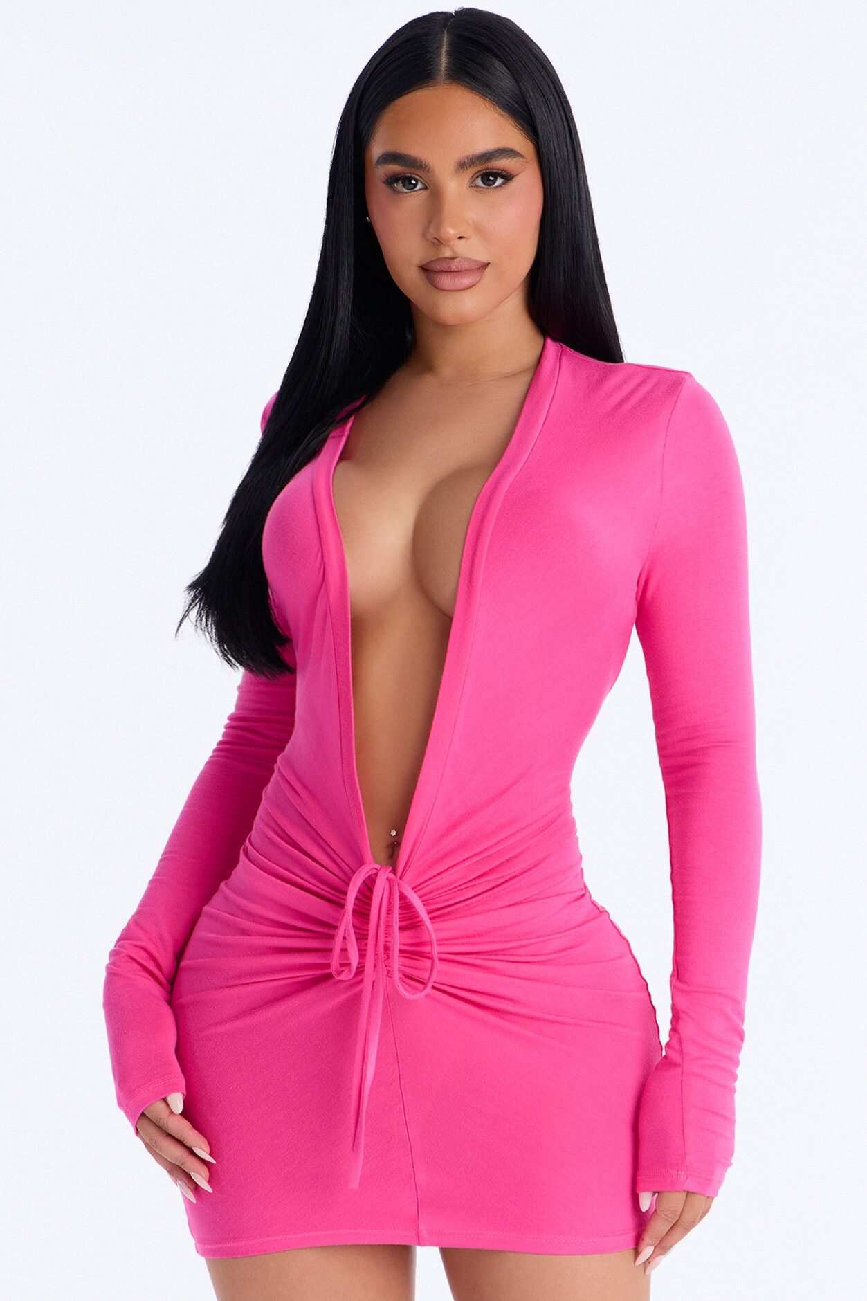 Baddie Core Deep V-Neck Mini Dress - Hot Pink