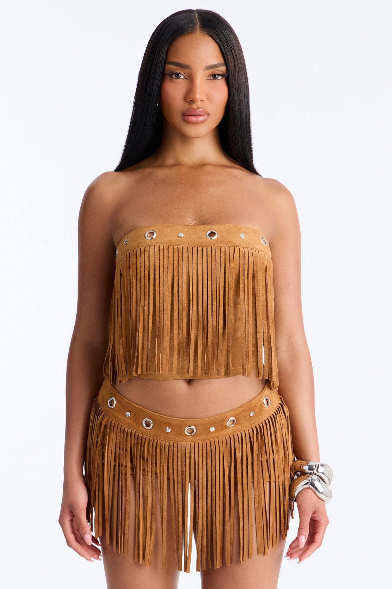 See My Swag Faux Suede Fringe Short Set - Cognac