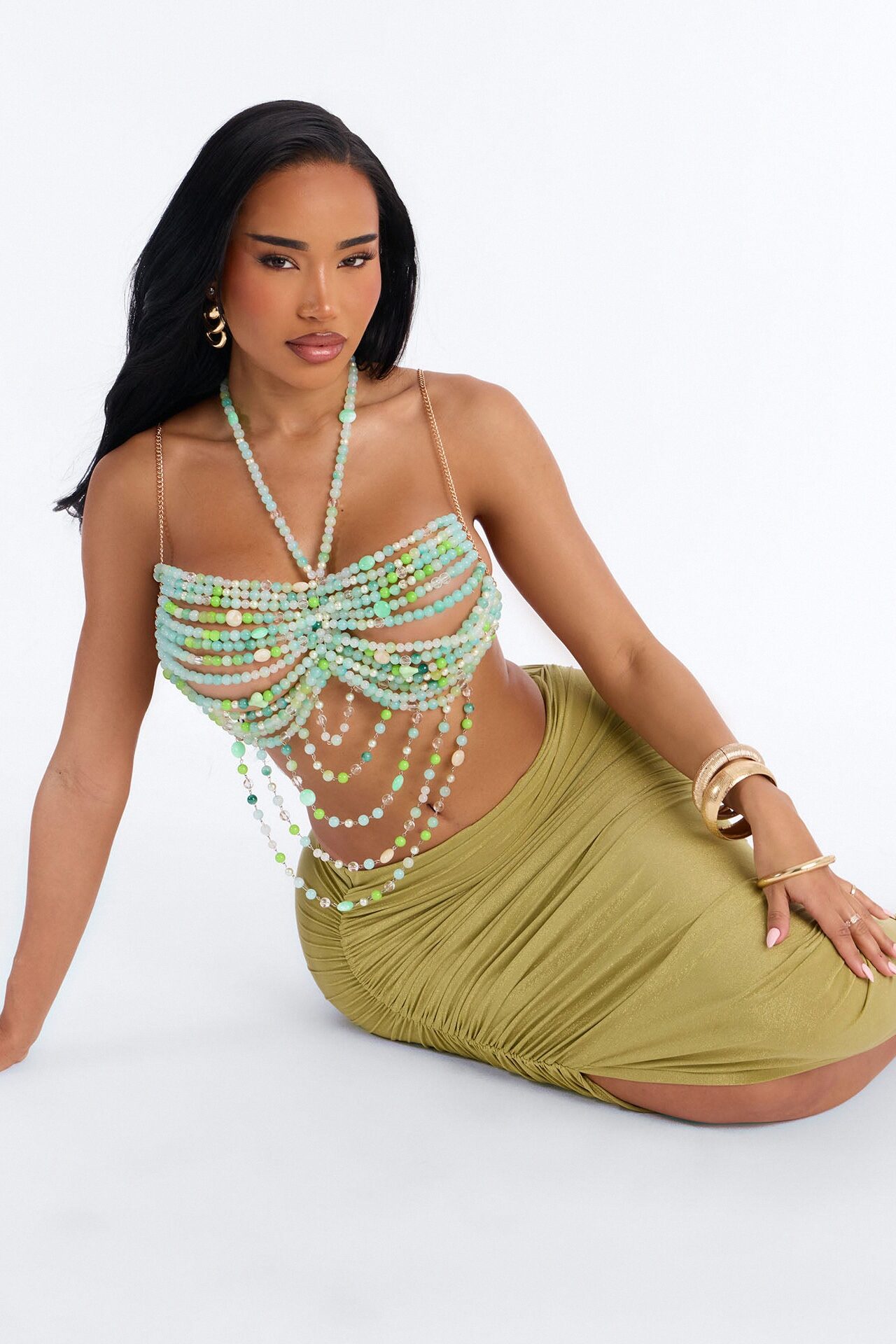 Lilou Beaded Bandeau Bra Top - Green/combo