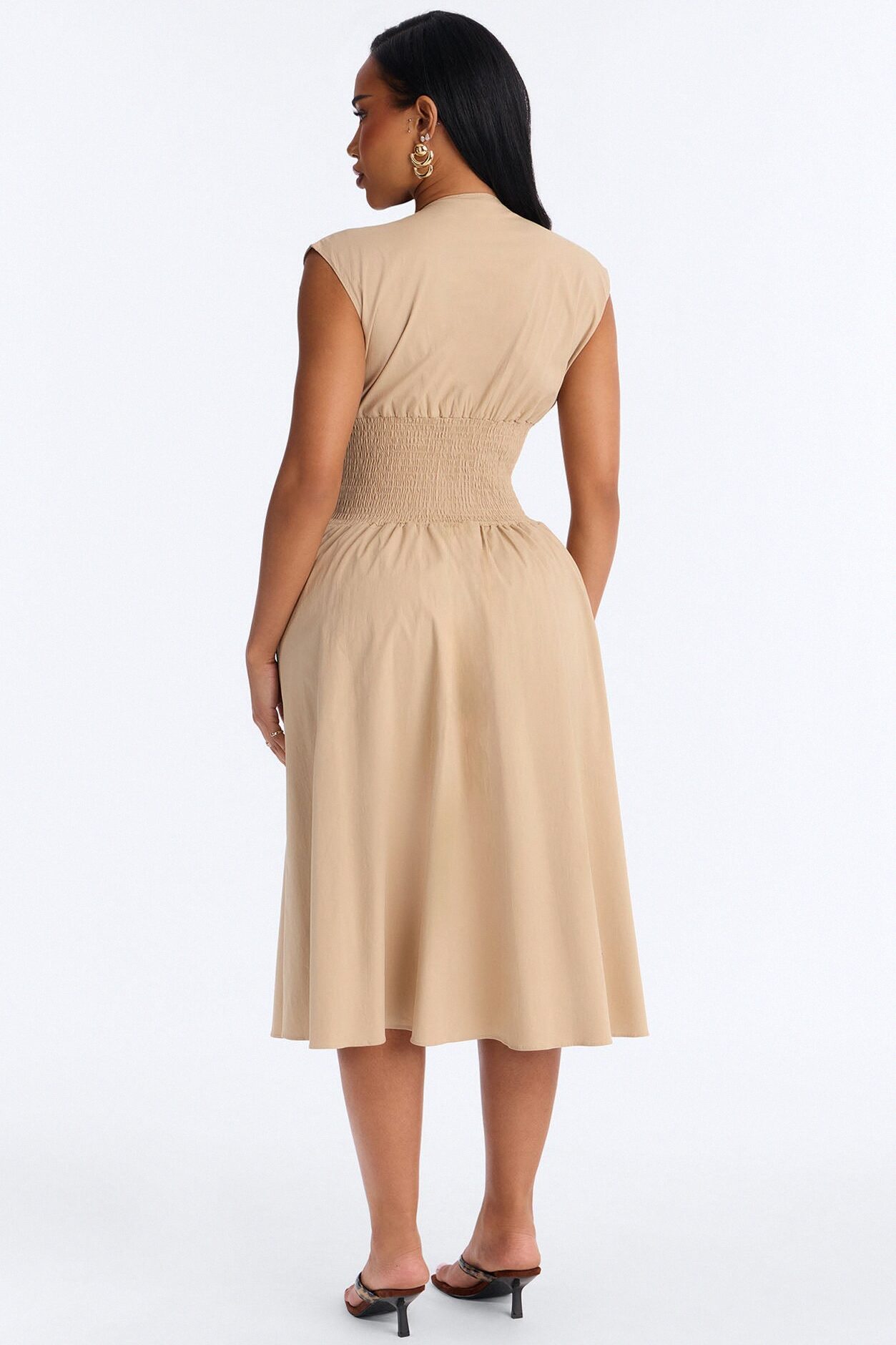 Too Busy Cinched Waist Midi Dress - Taupe