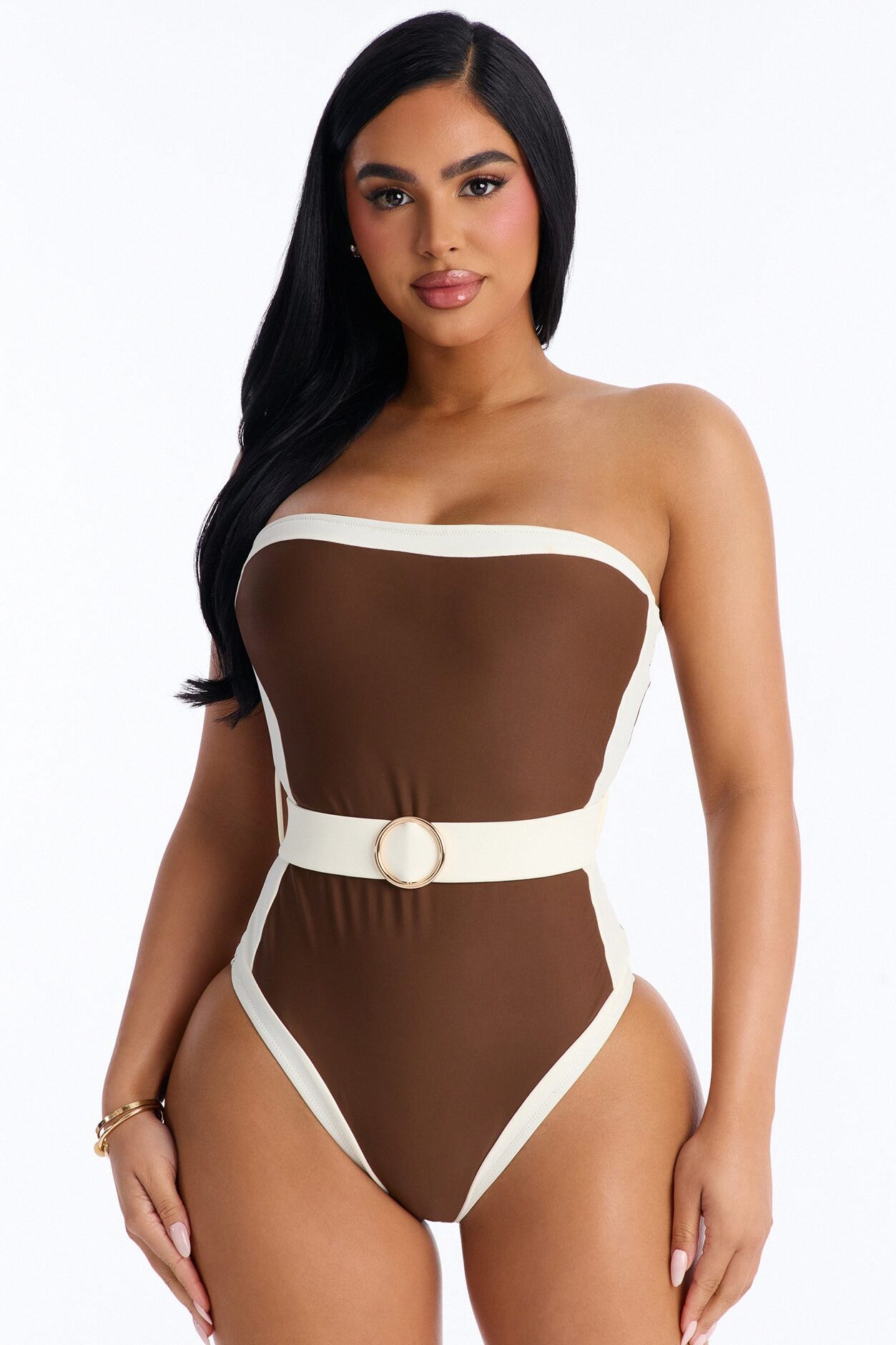 Sunny Days Colorblock Hardware Strapless 1 Piece Swimsuit - Brown/combo