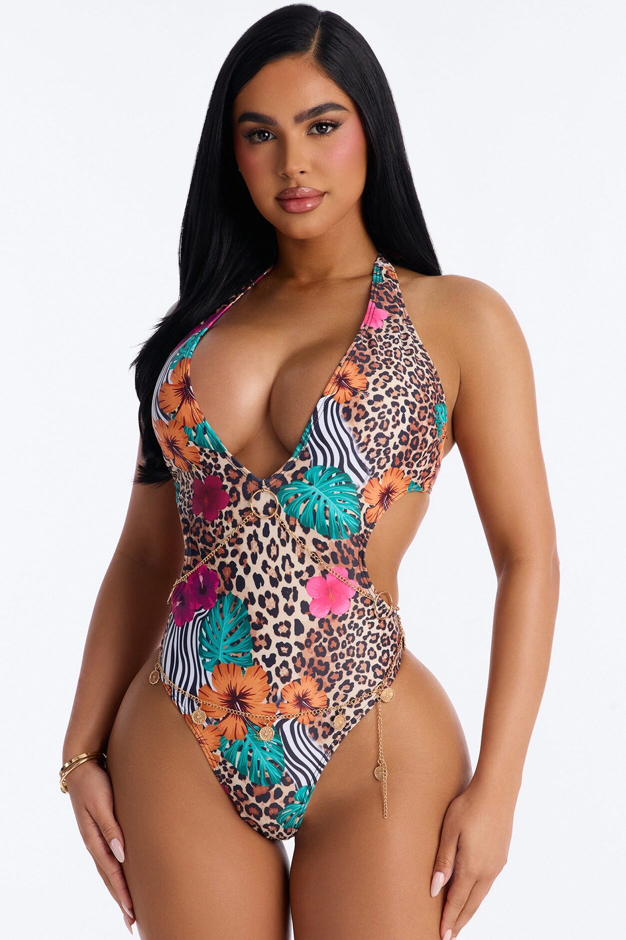 Kira Floral Leopard Scoop 1 Piece Swimsuit - Brown/combo