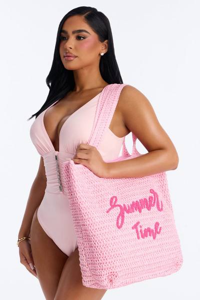 Summer Time Straw Tote And Wristlet - Pink
