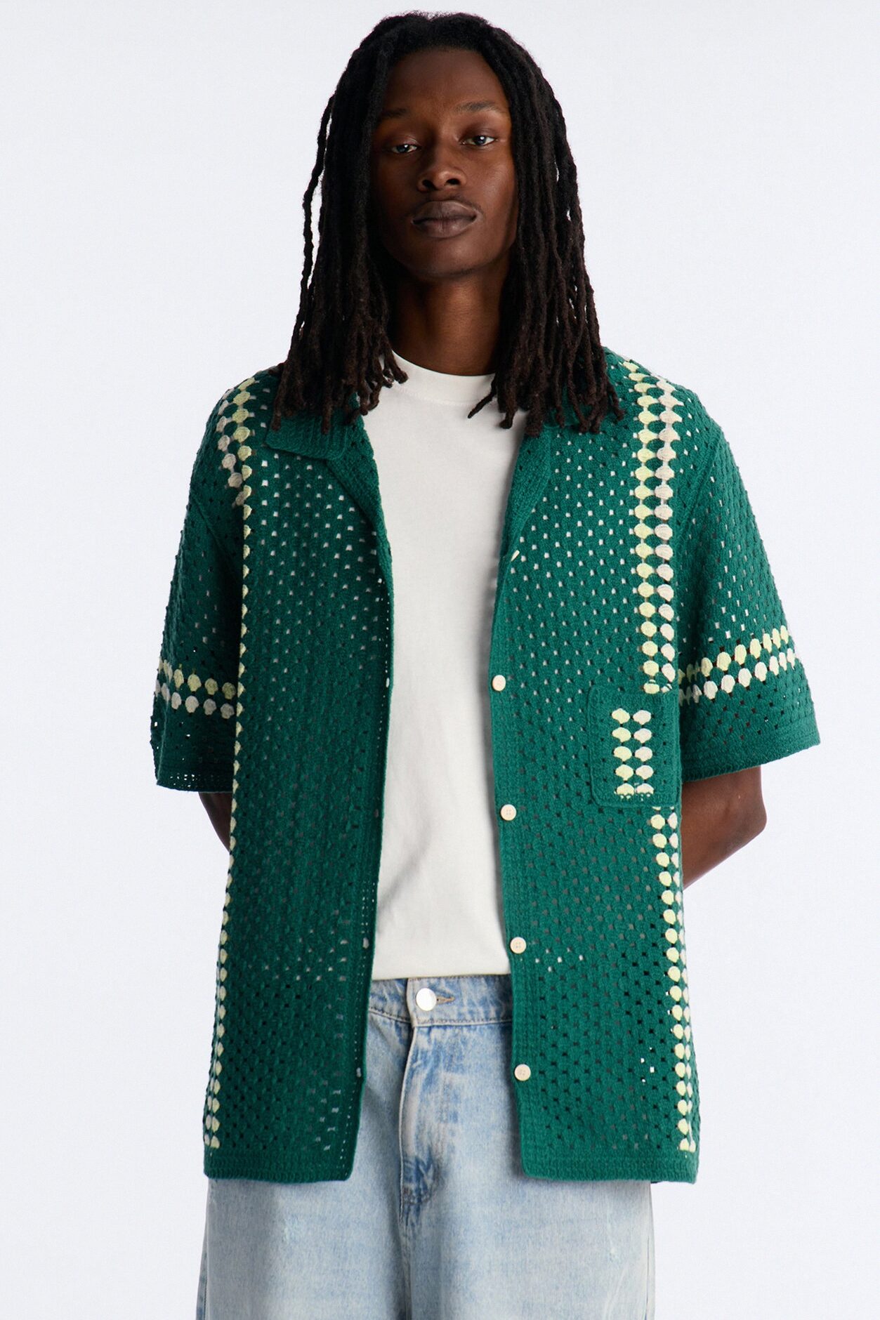 Ivy Club Crochet Button Up Shirt - Green