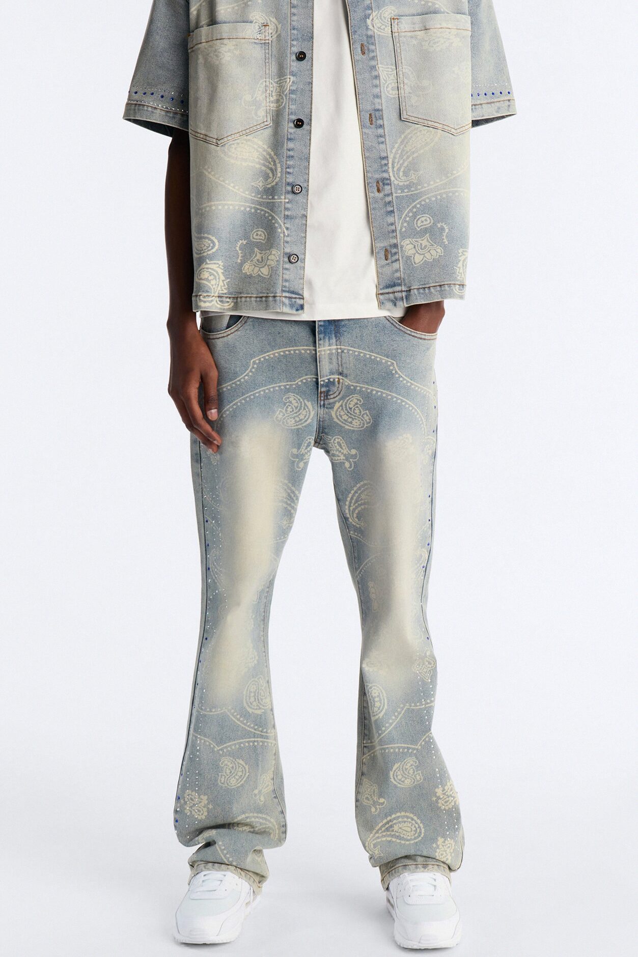 Rhinestone Bandana Stacked Skinny Flare Jeans - Light Blue Wash