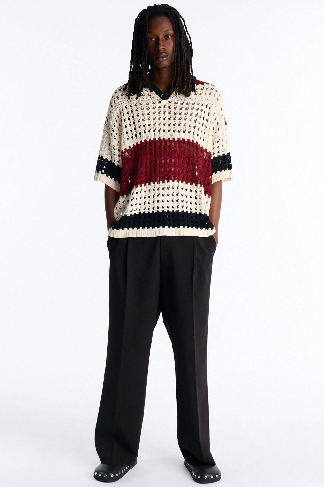 Weathered Stripe Knitted Polo - Burgundy
