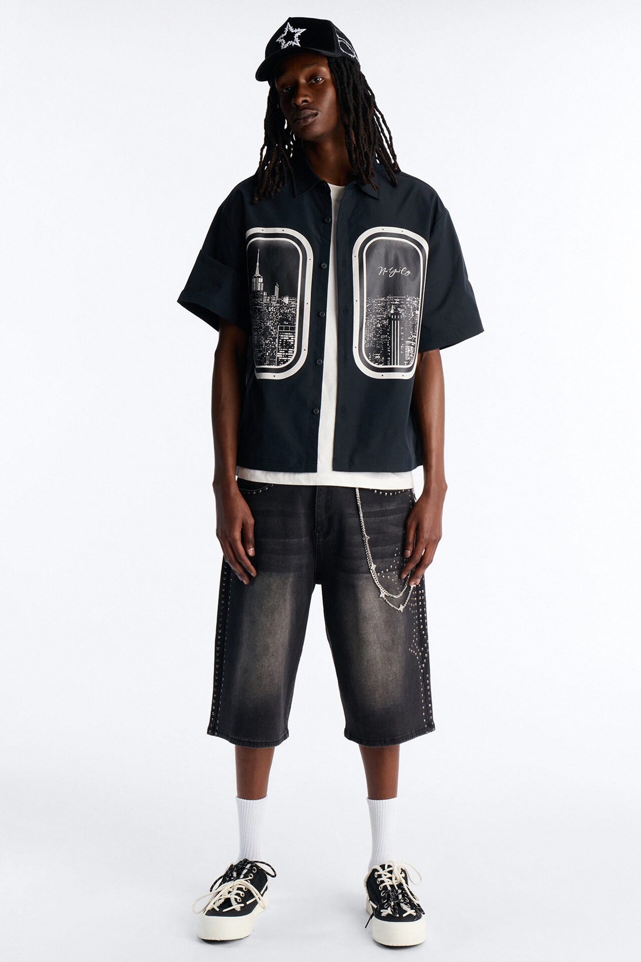 Skyline Views Short Sleeve Button Up Shirt - Black