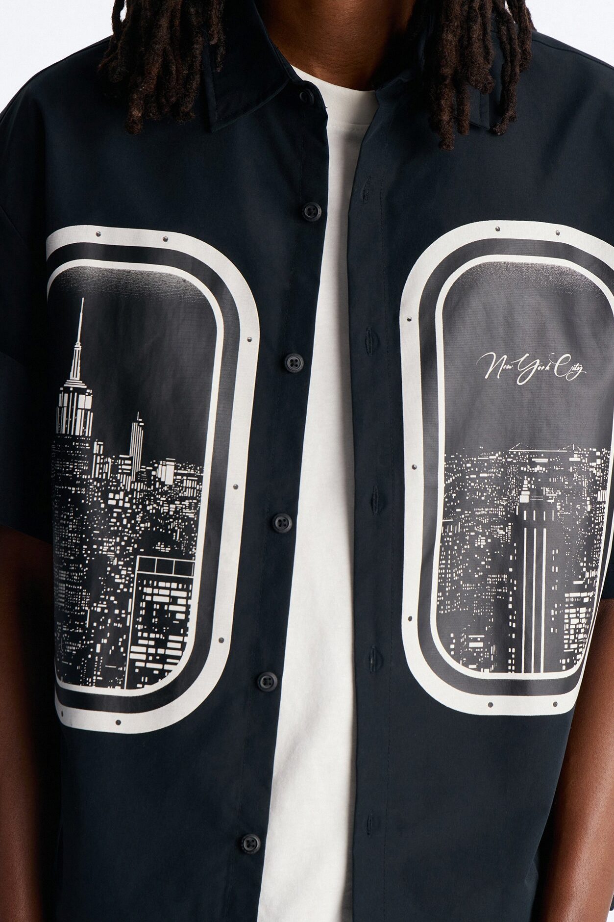 Skyline Views Short Sleeve Button Up Shirt - Black