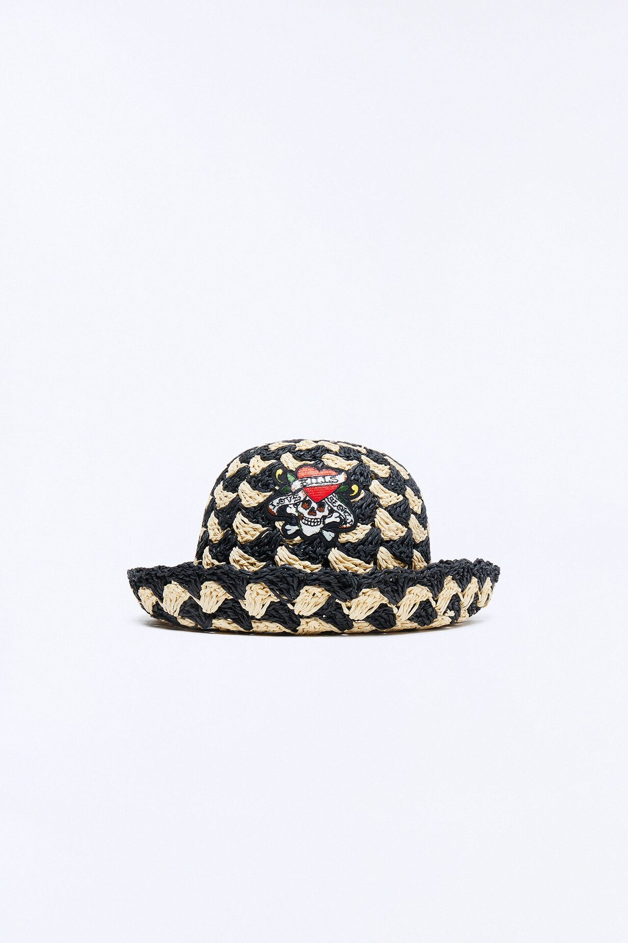 Love Runs Wild Ed Hardy Straw Bucket Hat - Black/combo