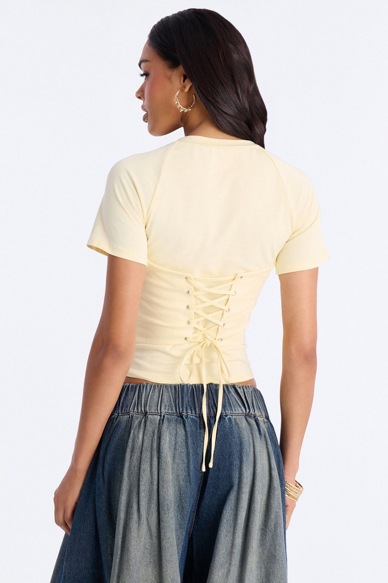 Lowkey Snatched Lace Up Short Sleeve Tee - Butter Yellow