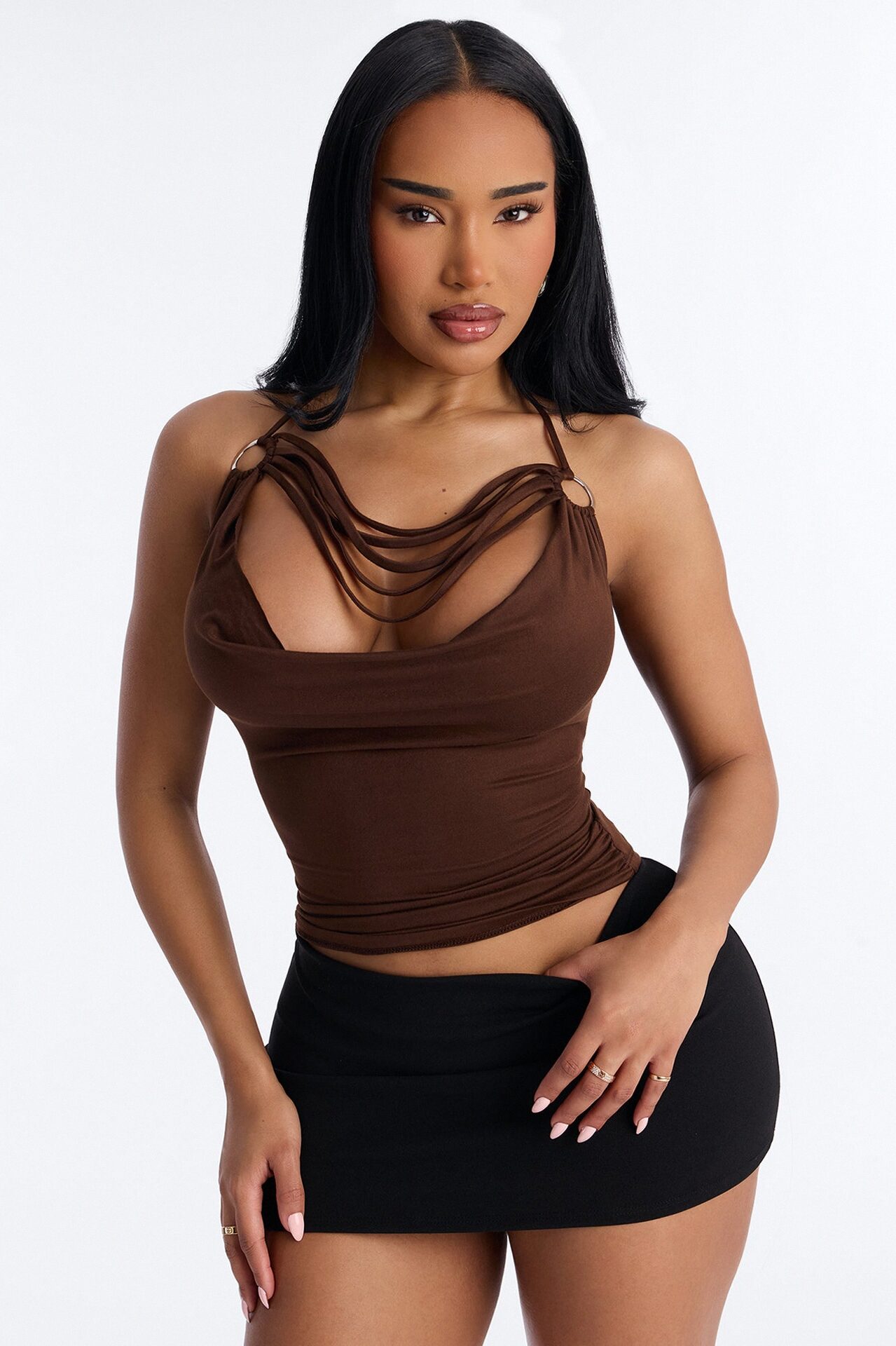 Party All Night Fringe Cowl Neck Halter Top - Chocolate