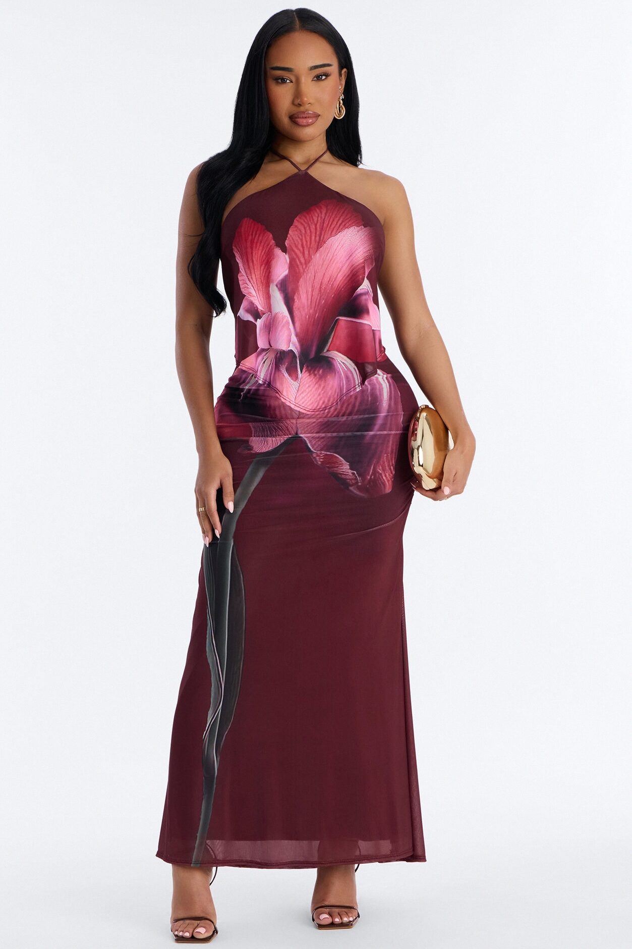Ruthie Sleeveless Mesh Maxi Dress - Burgundy/combo