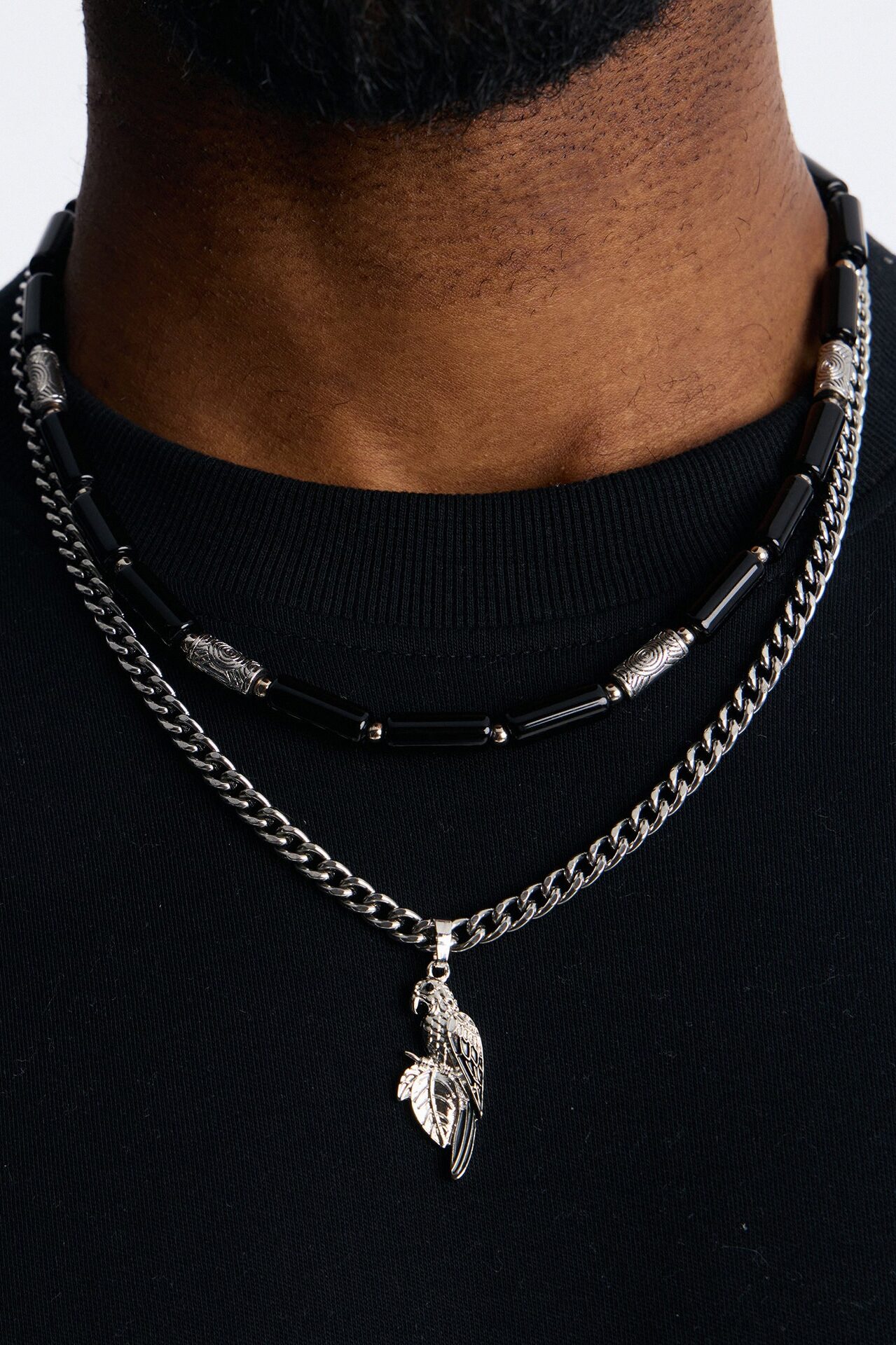 Layered Cuban Parrot And Beaded Necklace Set - Silver/Black