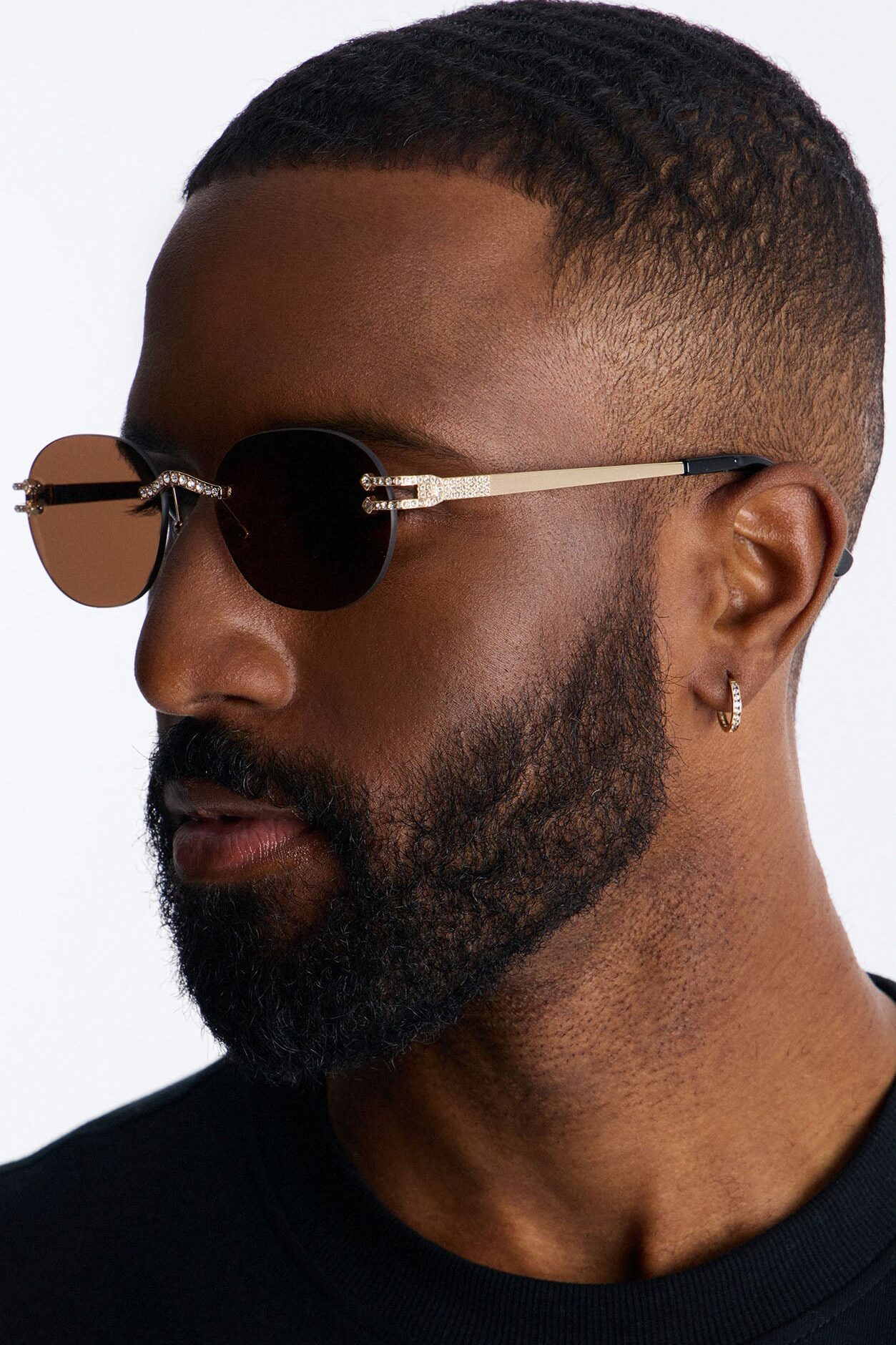 Embellished Round Frameless Metal Sunglasses - Gold/Brown