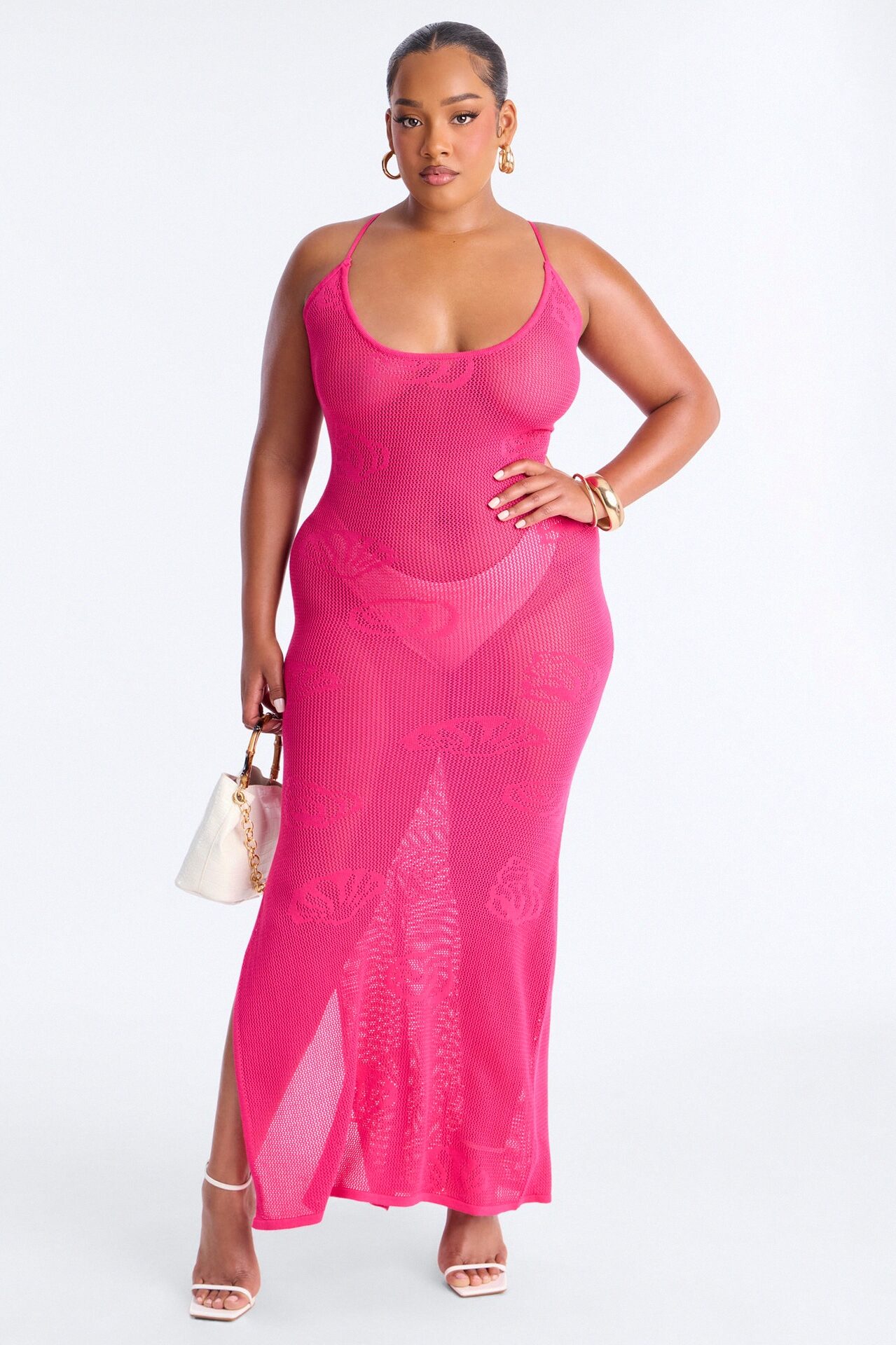 Oliva Crochet Seashells Maxi Swim Cover Up Dress - Fuchsia