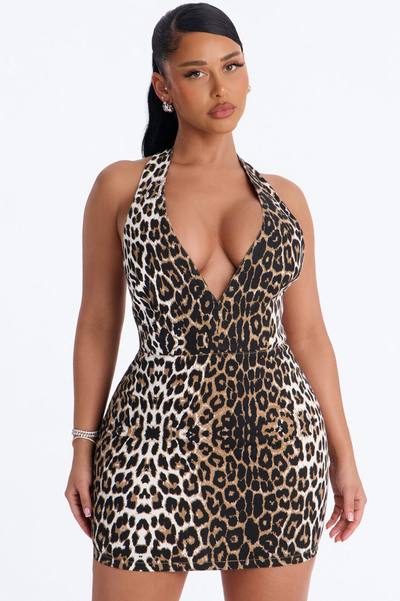 Saria Halter Stretch Denim Mini Dress - Leopard