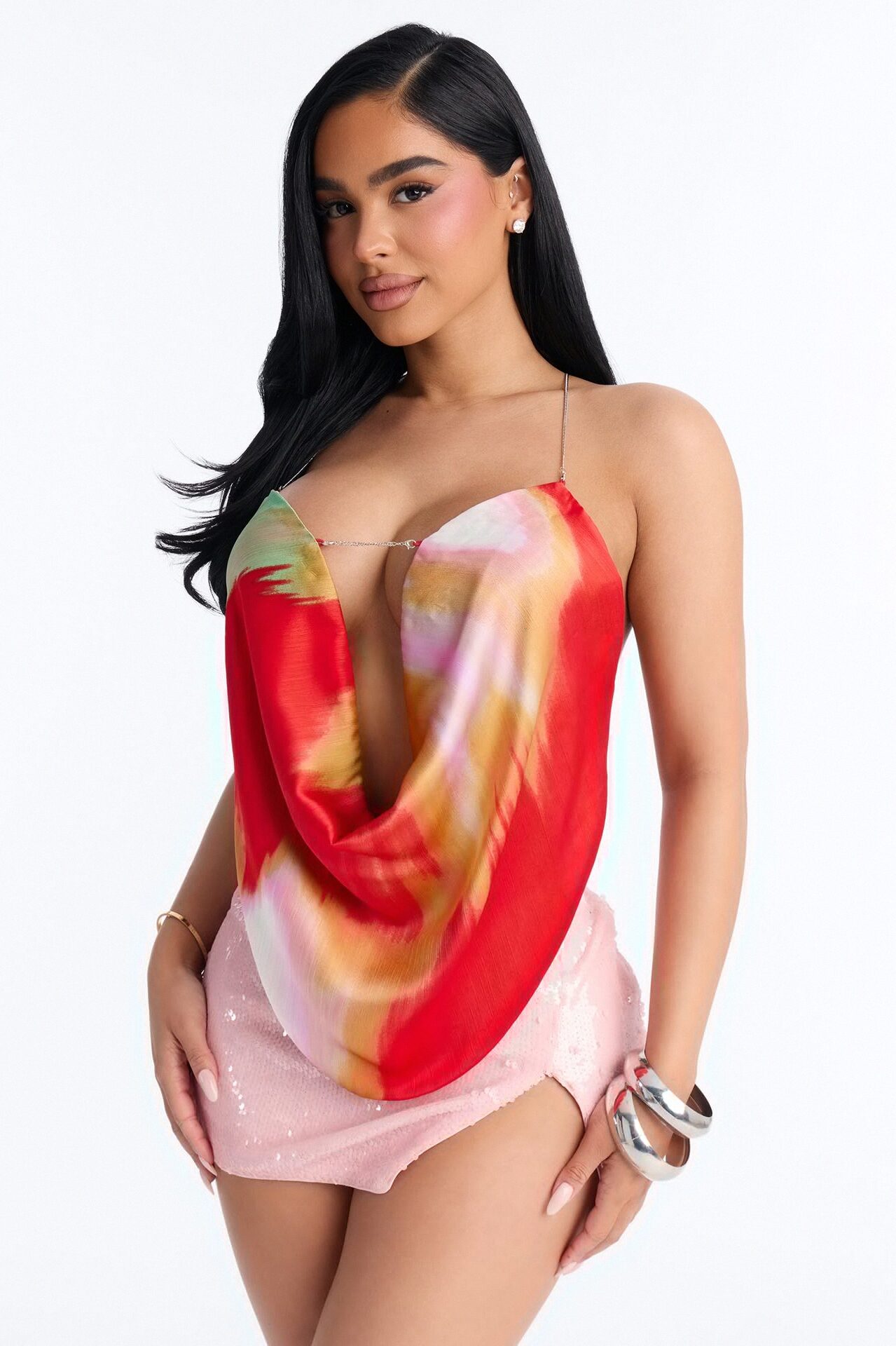 Festival Babe Chain Strap Satin Halter Top - Multi Color