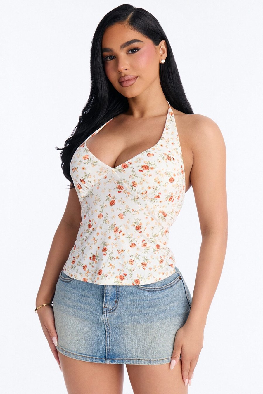 Rosie Double Lined Floral Halter Neck Top - White