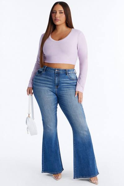 Carly V Neck Crop Long Sleeve Tee - Lilac
