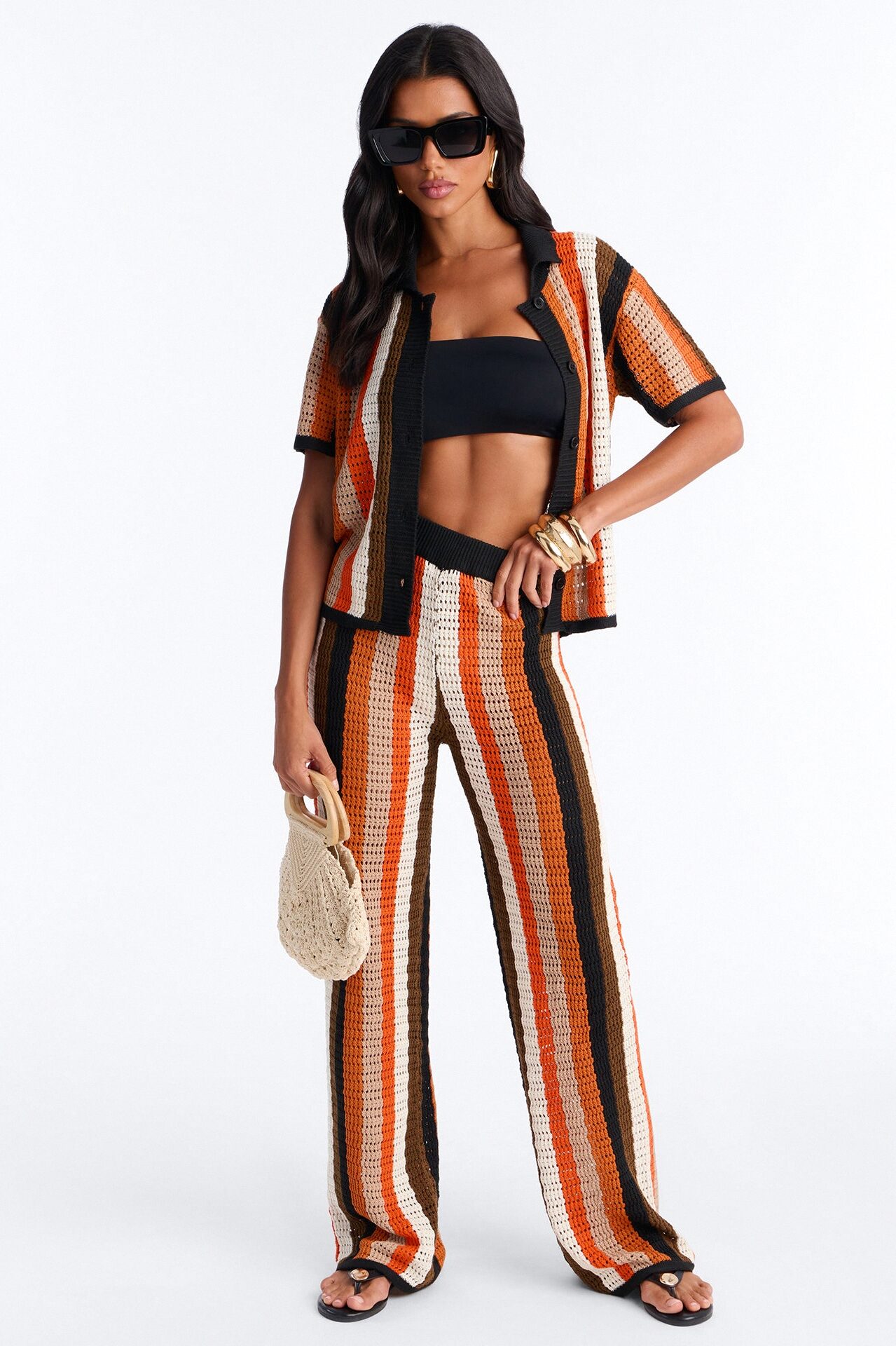 Lisa Crochet Wide Leg Pant Set - Orange/combo