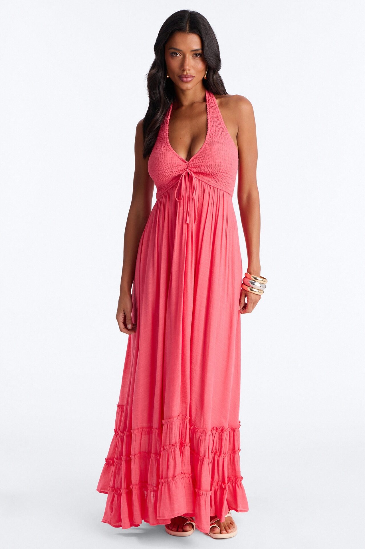 Freya Smocked Linen Maxi Dress - Coral