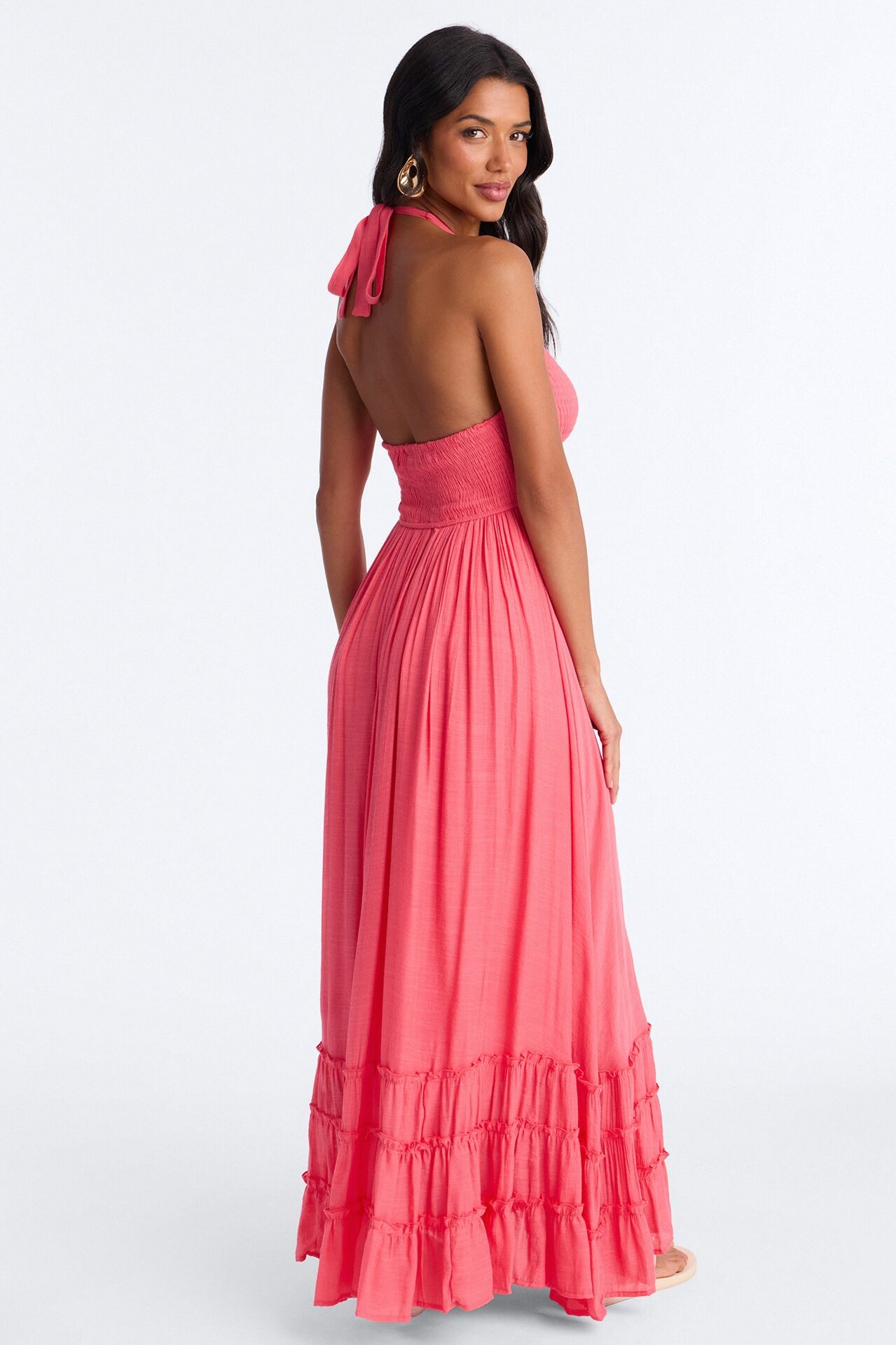 Freya Smocked Linen Maxi Dress - Coral