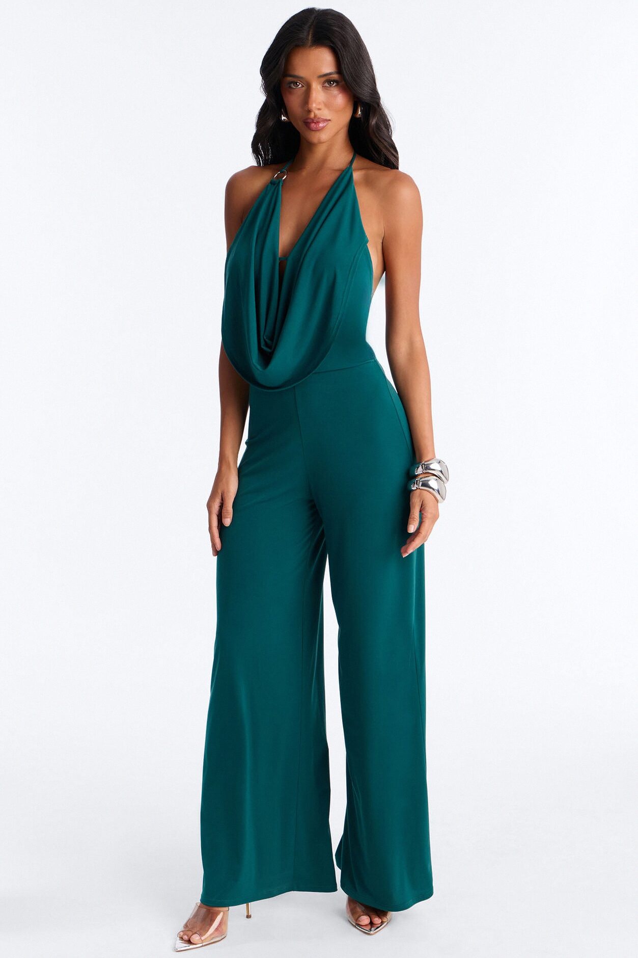 Shana Cowl Halter Wide Leg Jumpsuit - Green