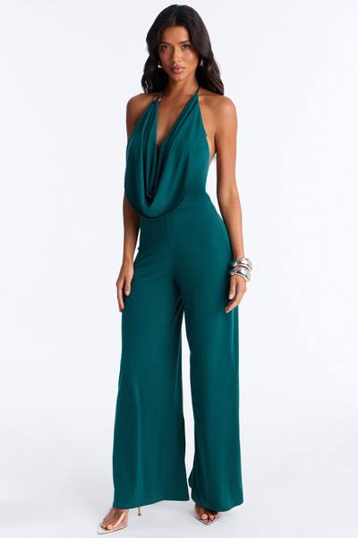 Shana Cowl Halter Wide Leg Jumpsuit - Green