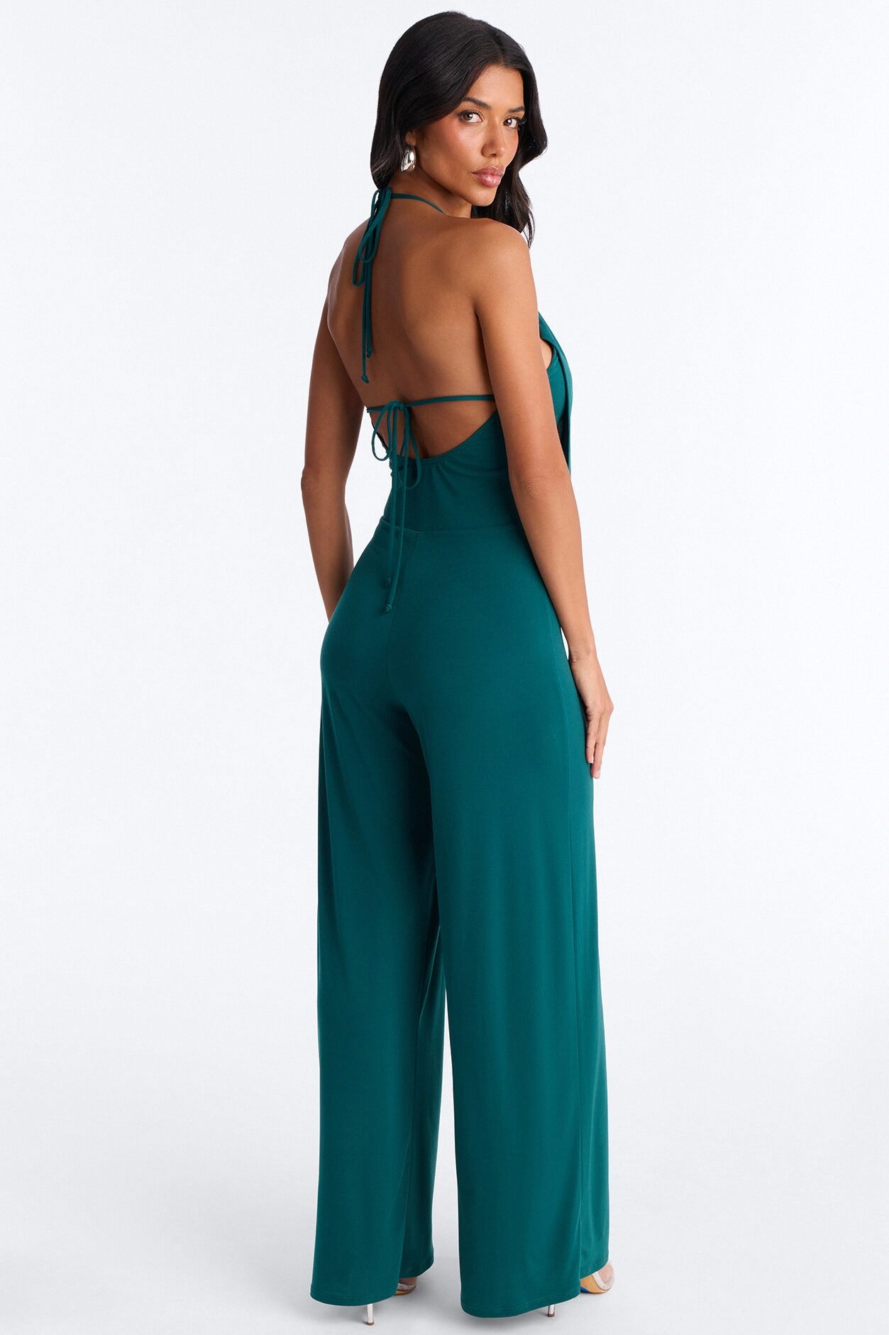 Shana Cowl Halter Wide Leg Jumpsuit - Green