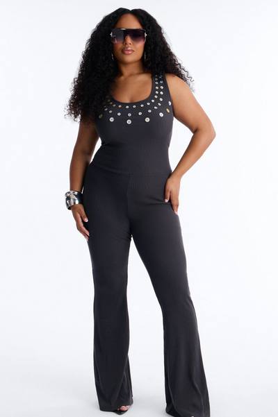 Rio Ribbed Flare Leg Jumpsuit - Charcoal