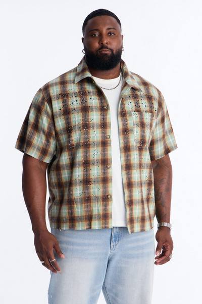 Jeweled Plaid Raw Hem Button Up Shirt - Olive