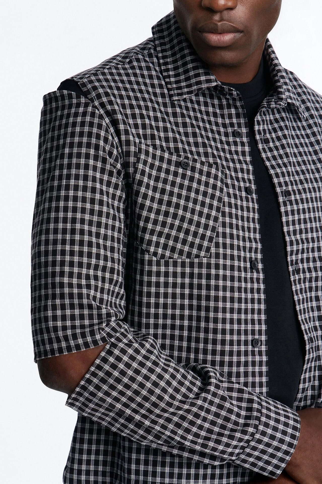Railcut Plaid Button Up Shirt - Black