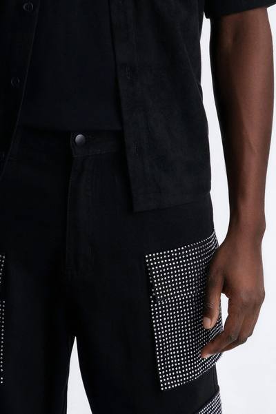 Baggy Rhinestone Combat Cargo Jean - Black Wash