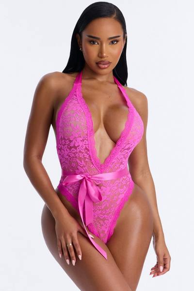 Make Me Yours Lace Deep V-Neck Teddy - Fuchsia