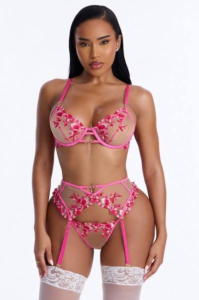 Amara Mesh Embroidered 3 Piece Bra And Panty Garter Set - Fuchsia
