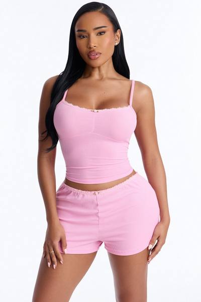 Sleep In Ribbed PJ Short Set - Hot Pink