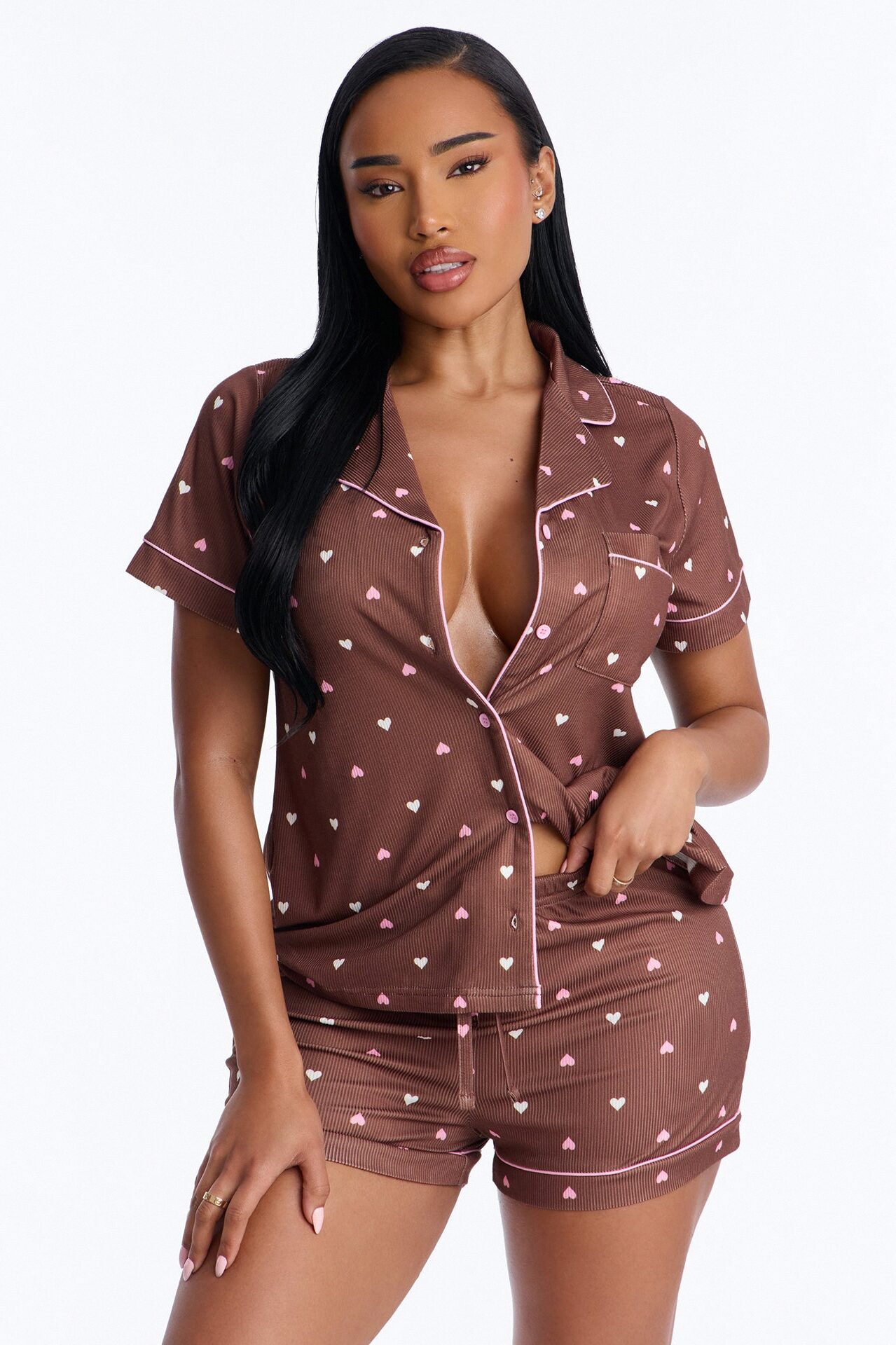 Pieces Of My Heart PJ Short Set - Brown/combo