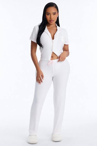 Bride Time Notch Collar PJ Pant Set - White/Pink