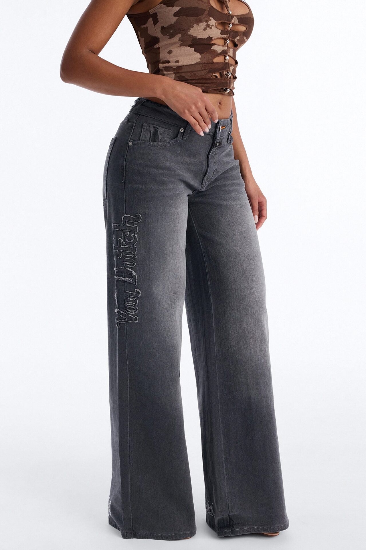 Von Dutch Cut Off Wide Leg Jeans - Grey