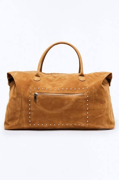 Faux Suede Studded Weekender Bag - Camel