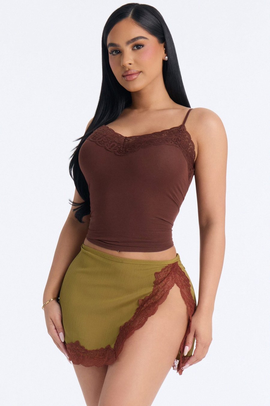 Ayla Lace Trim Basic Cami Top - Olive/combo