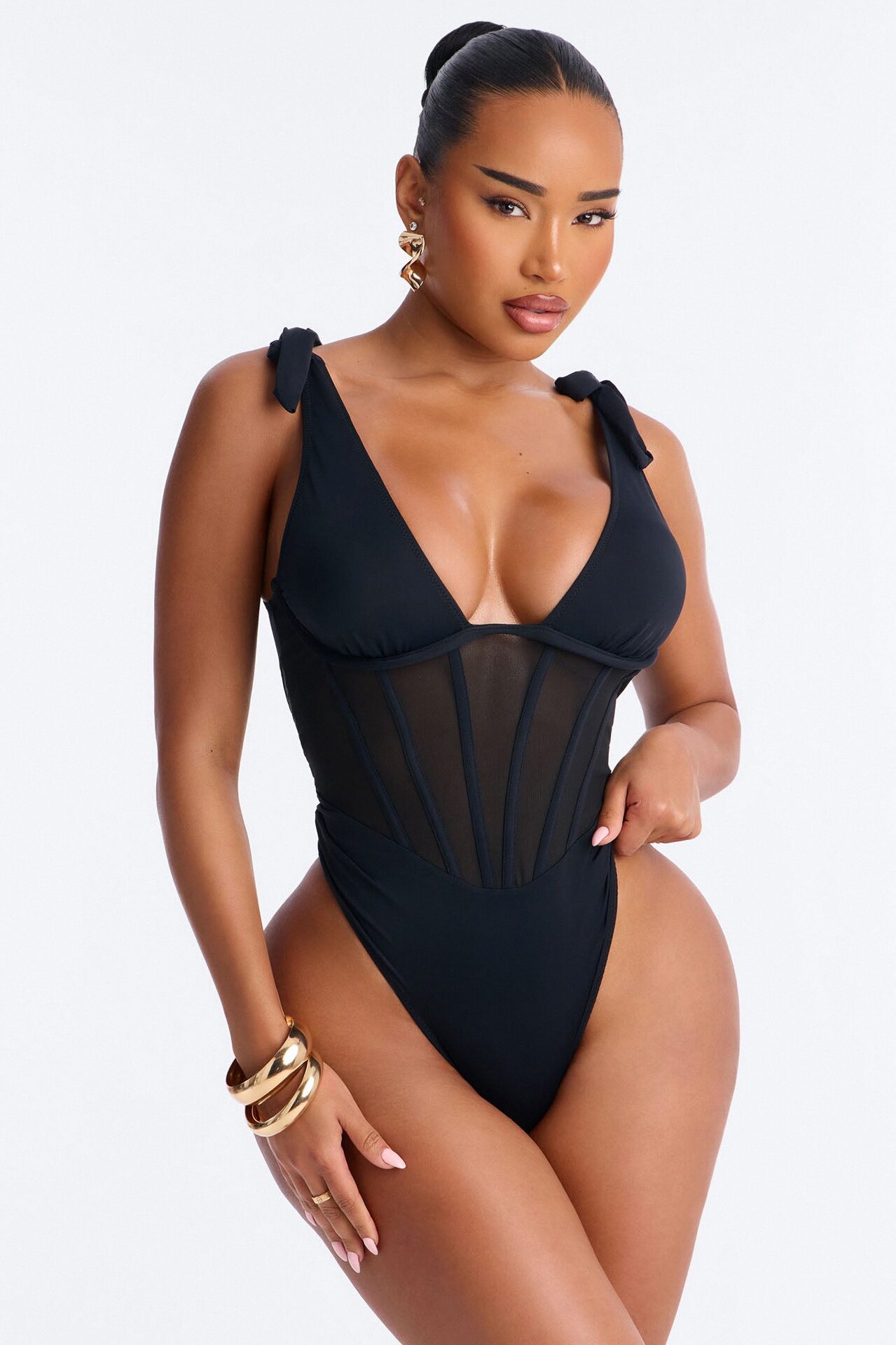 Tropic Like It's Hot Underwire Shoulder Ties 1 Piece Swimsuit - Black