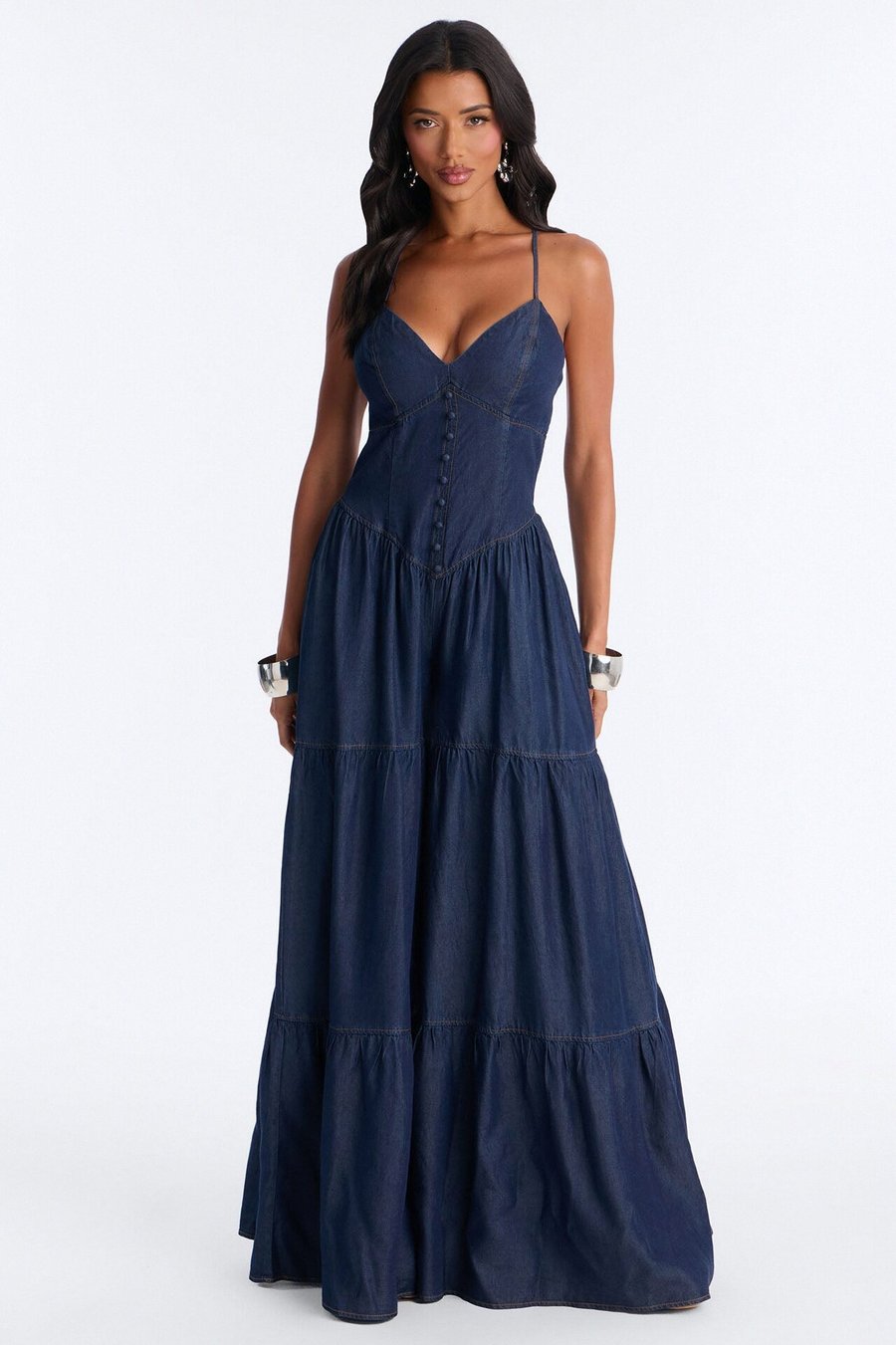 Belle Denim Tiered Wide Leg Jumpsuit - Navy