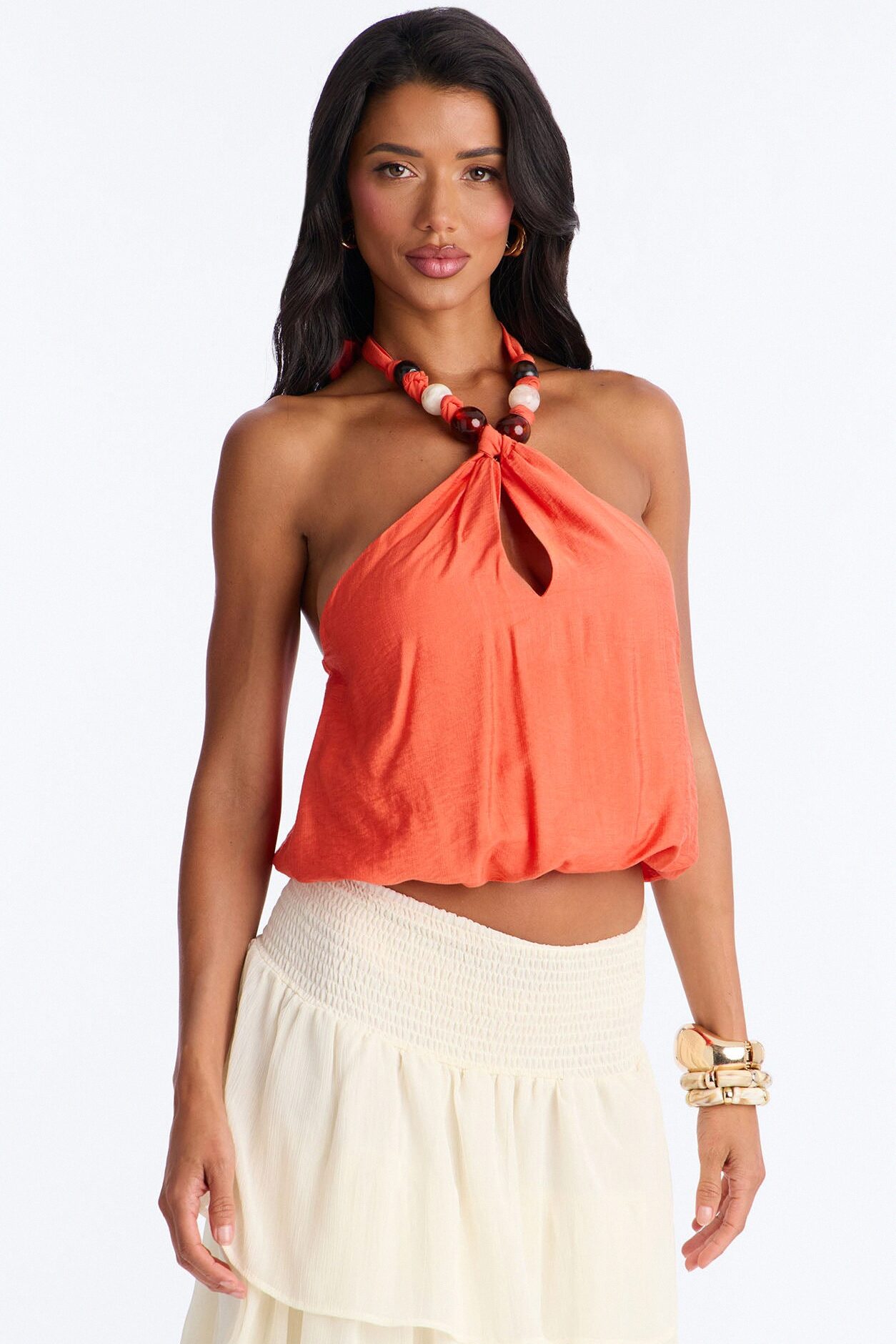 Beach Breeze Beaded Linen Halter Top - Orange