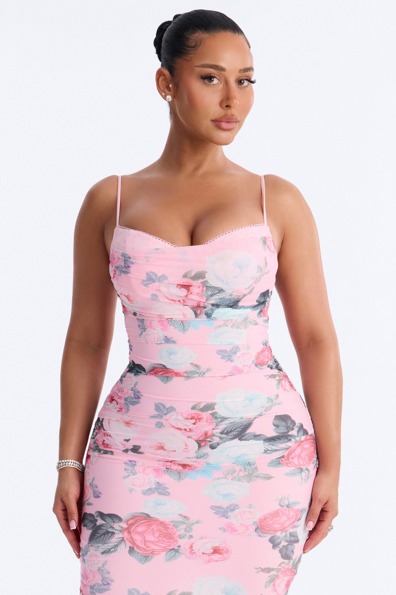 Grace Ruched Floral Mesh Midi Dress - Pink/combo