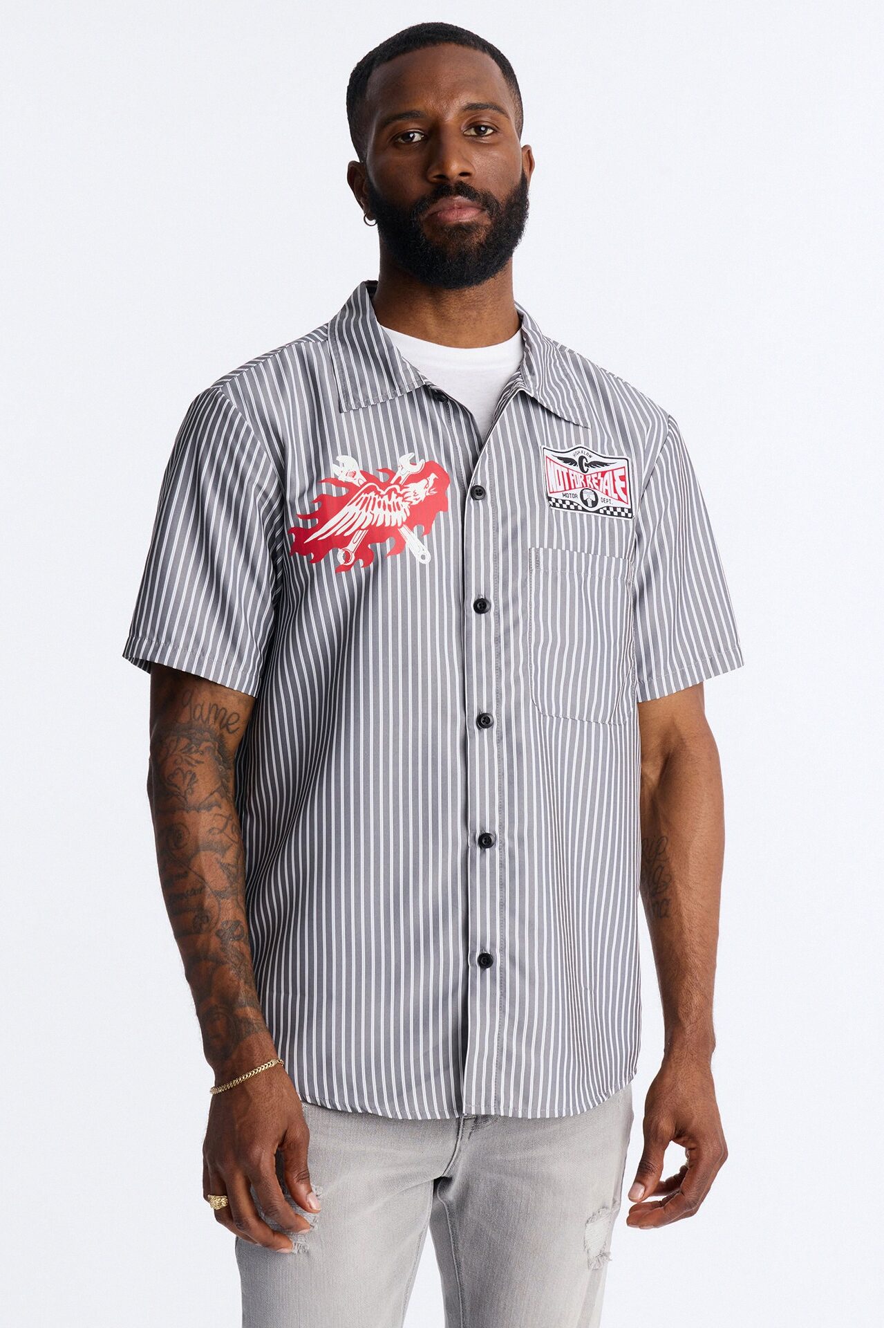 Cropped No Questions Asked Striped Button Up Shirt - Black