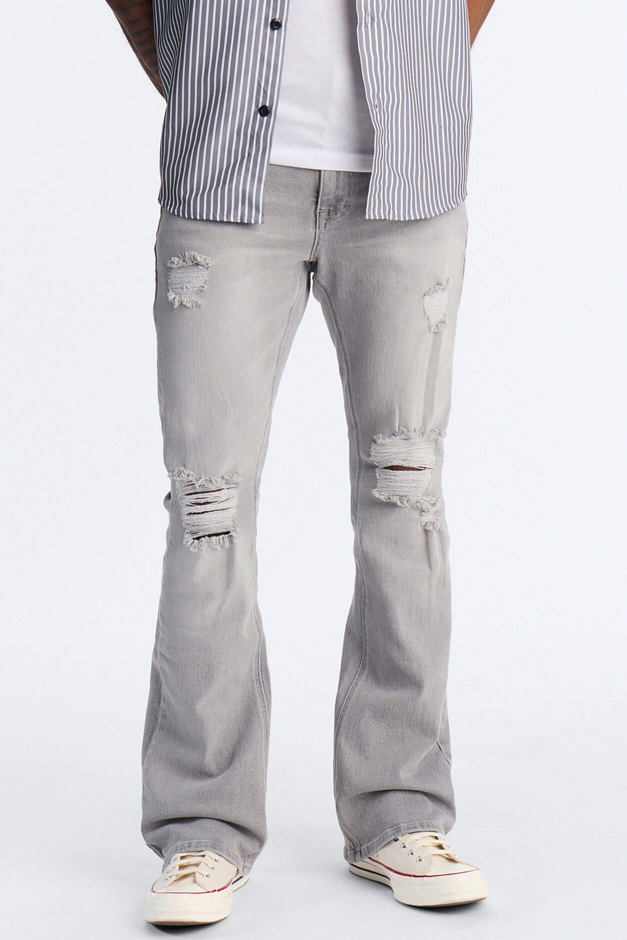 Essential Destroyed Stacked Slim Flare Stretch Jean - Grey