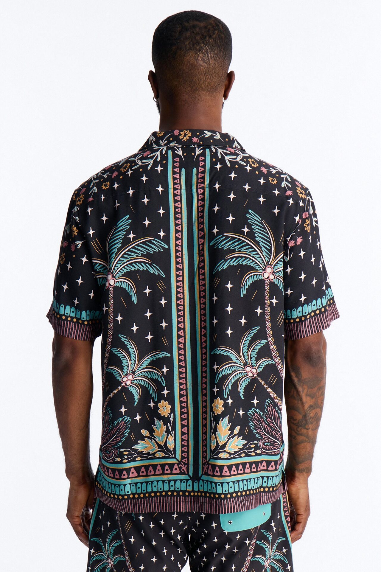 Tropical Twilight Resort Short Sleeve Cuban Collar Shirt - Black
